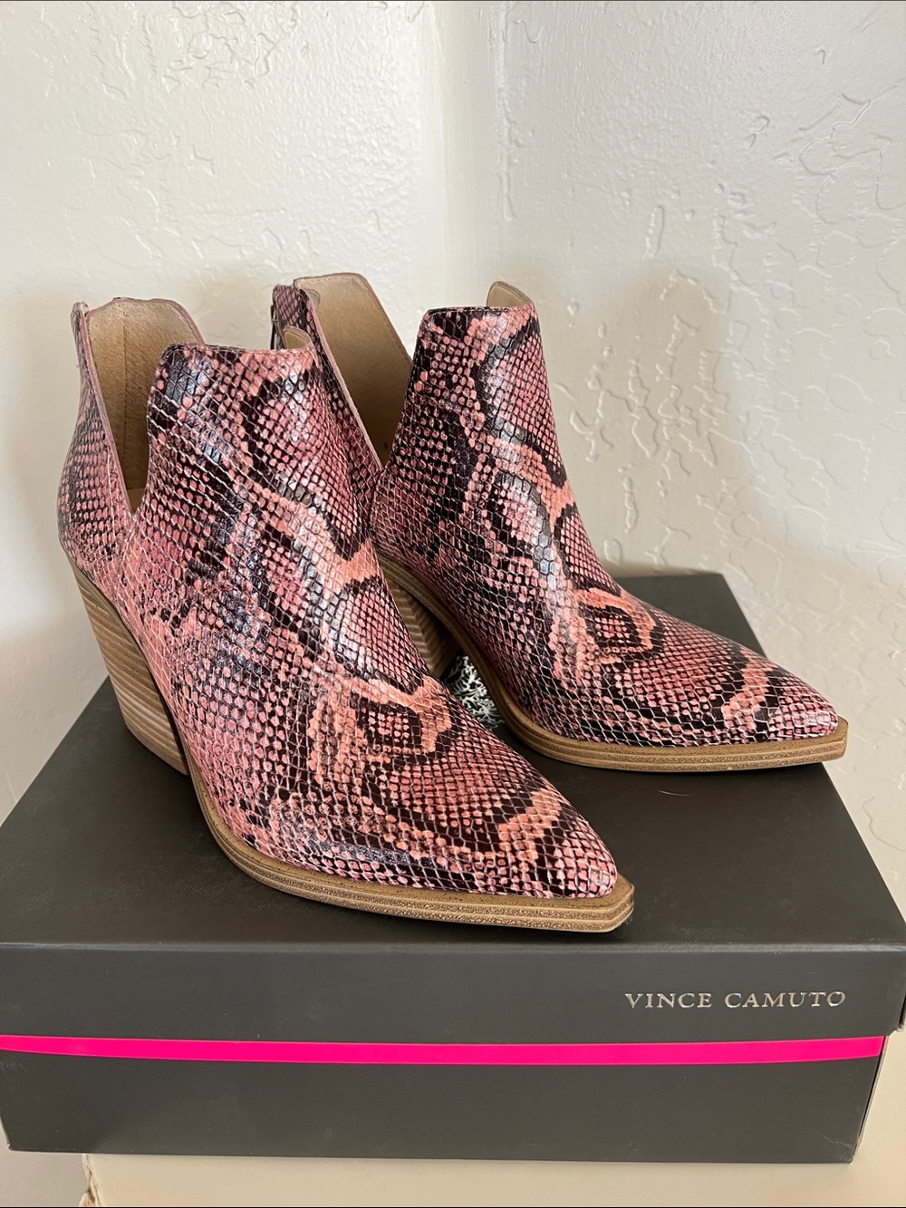 Vince Camuto Pink Snake-Print Cutout Mules with Stacked 3.75” Heel